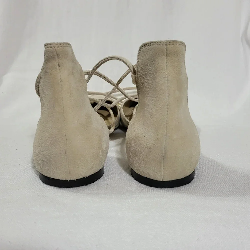 Garnet Hill Cream Suede Pointed-Toe Lace-Up Flats